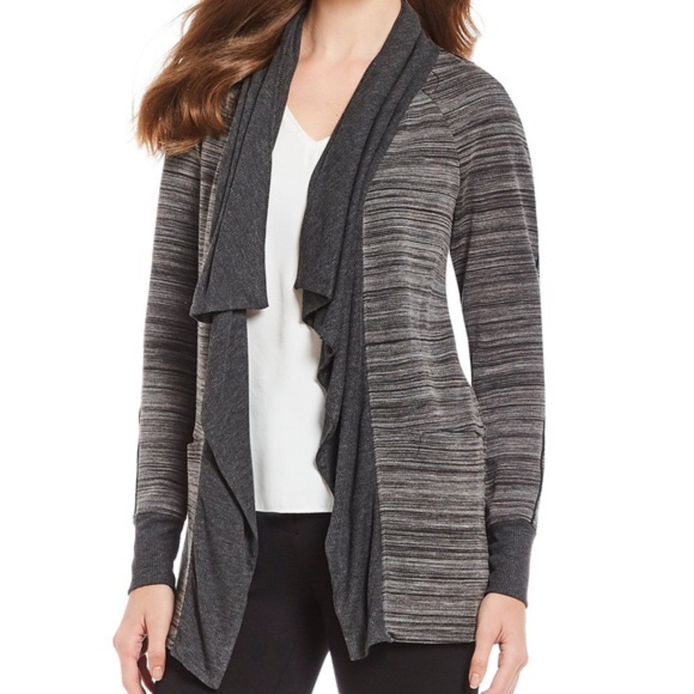 H Halston Cardigan Sweater Size Medium Open Front Deep Pockets Dark Grey Office